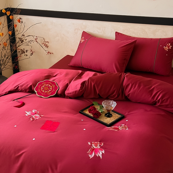 91家纺网 家纺一手货源 找家纺 （总）Mr.pig猪先生水洗棉 2025新款婚庆长绒棉贡缎绣花四件套-禧时