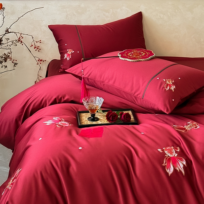 91家纺网 家纺一手货源 找家纺 （总）Mr.pig猪先生水洗棉 2025新款婚庆长绒棉贡缎绣花四件套-禧时