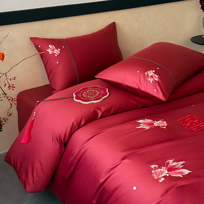 91家纺网 家纺一手货源 找家纺 （总）Mr.pig猪先生水洗棉 2025新款婚庆长绒棉贡缎绣花四件套-禧时