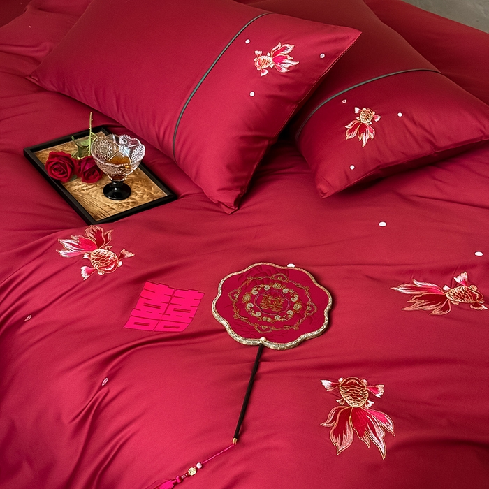 91家纺网 家纺一手货源 找家纺 （总）Mr.pig猪先生水洗棉 2025新款婚庆长绒棉贡缎绣花四件套-禧时