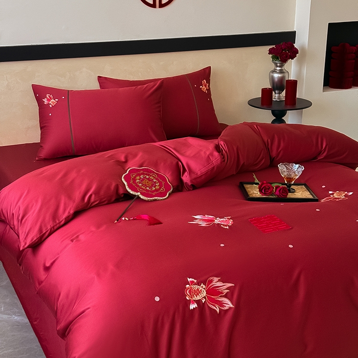 91家纺网 家纺一手货源 找家纺 （总）Mr.pig猪先生水洗棉 2025新款婚庆长绒棉贡缎绣花四件套-禧时