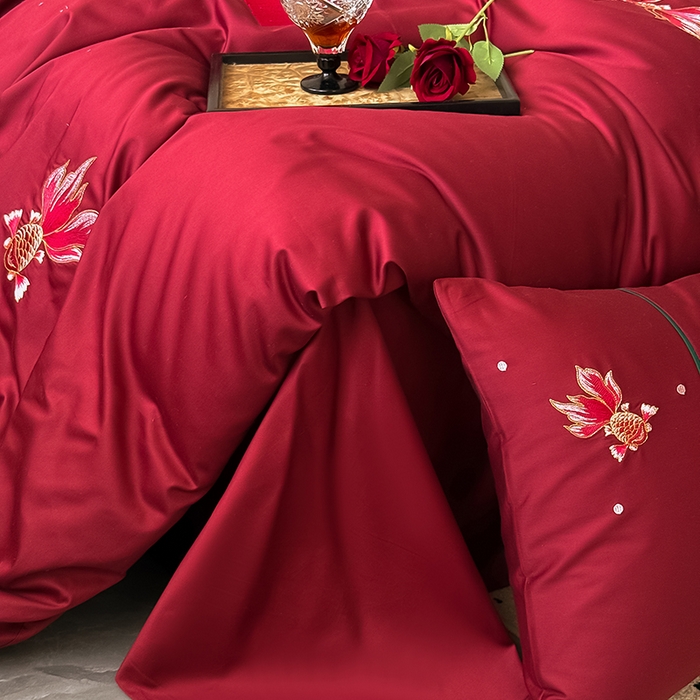 91家纺网 家纺一手货源 找家纺 （总）Mr.pig猪先生水洗棉 2025新款婚庆长绒棉贡缎绣花四件套-禧时