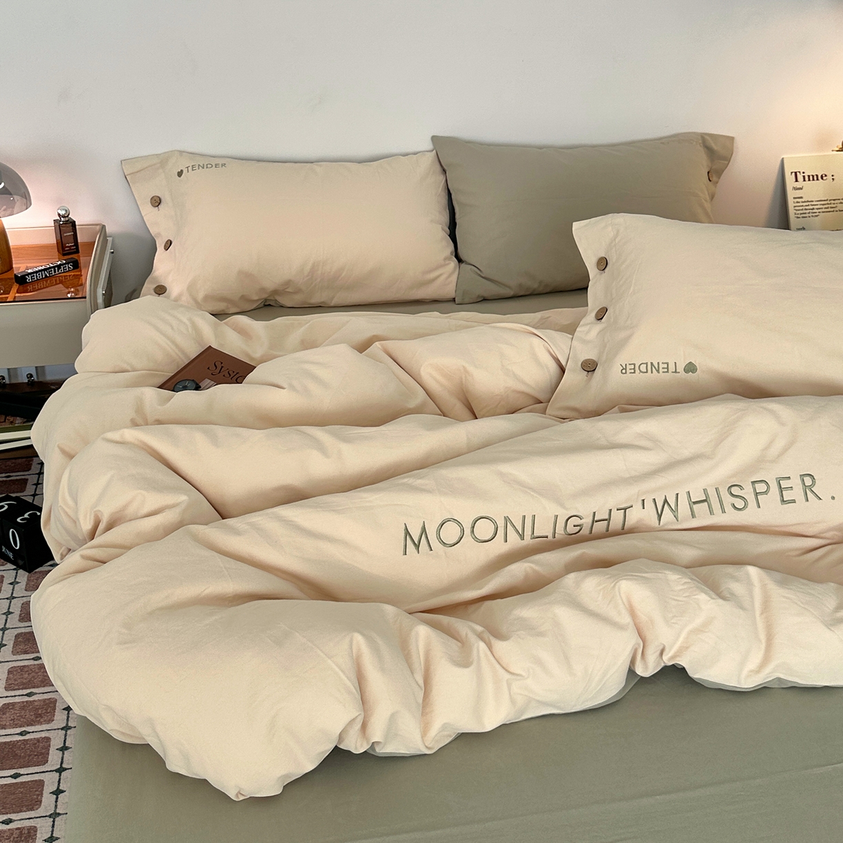 91家纺网 家纺一手货源 找家纺 艾咪-Amy ntmy 2025秋冬纽扣款全棉加厚磨毛刺绣四件套-漫月 漫月奶绿