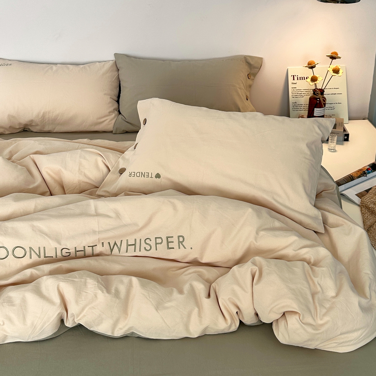 91家纺网 家纺一手货源 找家纺 艾咪-Amy ntmy 2025秋冬纽扣款全棉加厚磨毛刺绣四件套-漫月 漫月奶绿