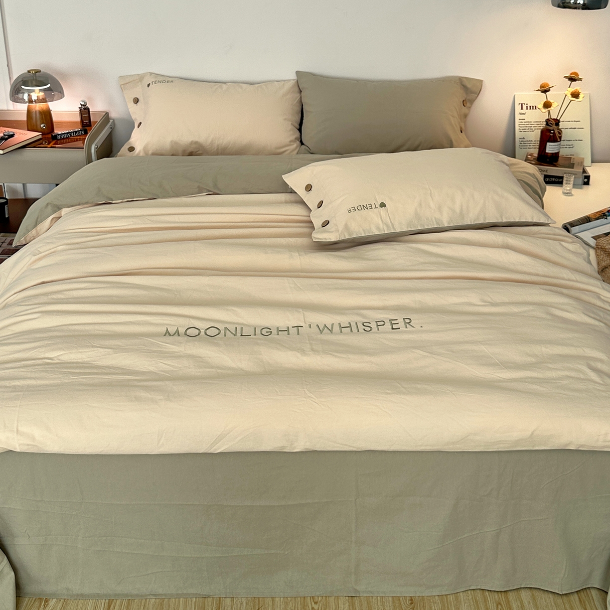 91家纺网 家纺一手货源 找家纺 艾咪-Amy ntmy 2025秋冬纽扣款全棉加厚磨毛刺绣四件套-漫月 漫月奶绿