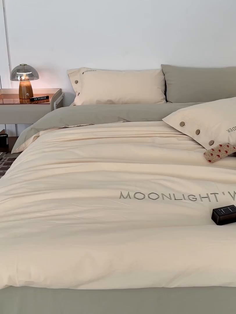 91家纺网 家纺一手货源 找家纺 艾咪-Amy ntmy 2025秋冬纽扣款全棉加厚磨毛刺绣四件套-漫月 漫月奶绿