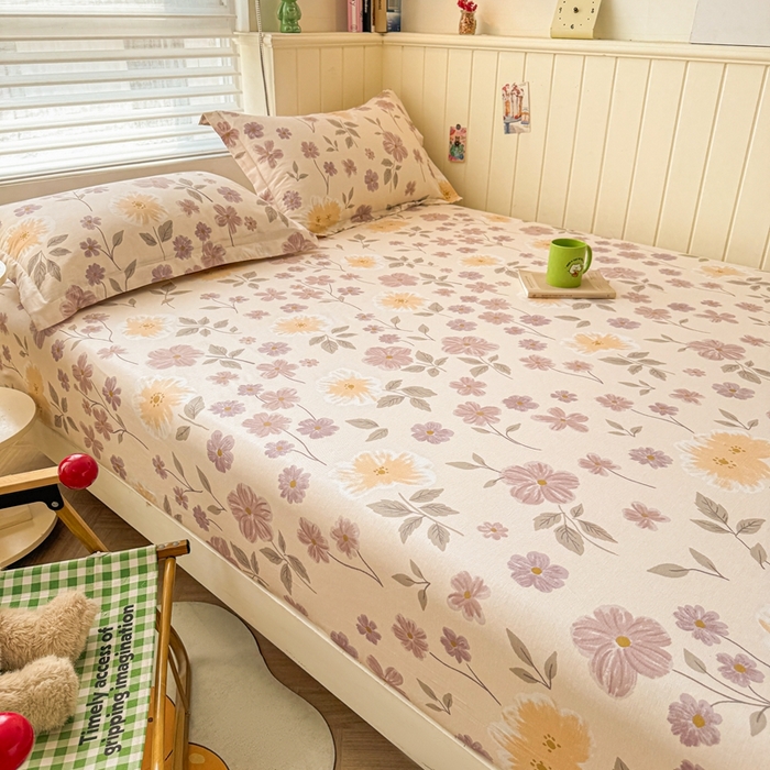 91家纺网 家纺一手货源 找家纺 名优家纺 2025新款全棉纯棉12868韩版小清新系列床笠单件--单床笠 秋日确幸-豆沙