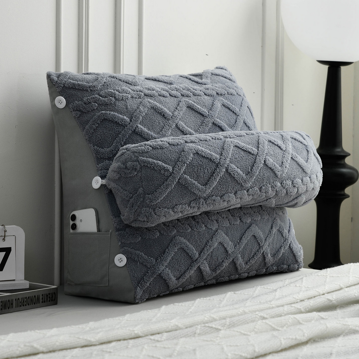 91家纺网 家纺一手货源 找家纺 爱妮灵蚊帐 2025新款塔芙绒头枕三角靠垫代发货 蓝灰