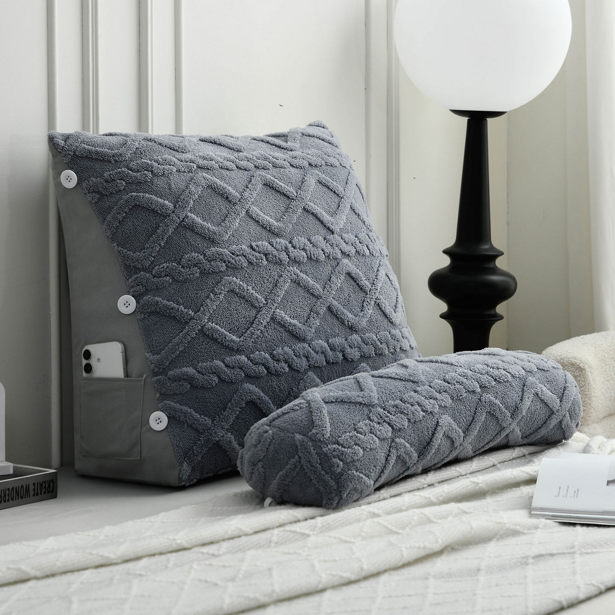 91家纺网 家纺一手货源 找家纺 爱妮灵蚊帐 2025新款塔芙绒头枕三角靠垫代发货 蓝灰