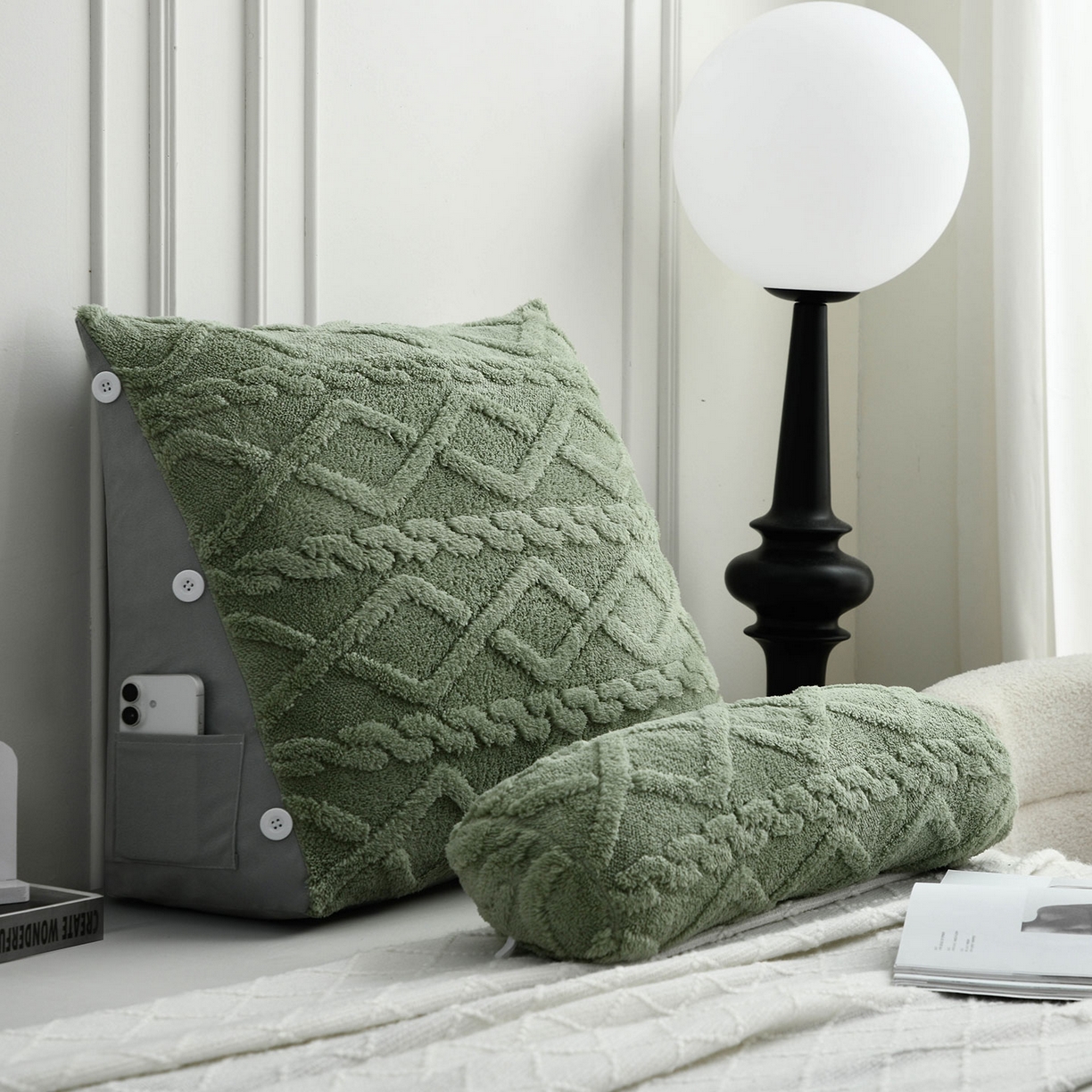 91家纺网 家纺一手货源 找家纺 爱妮灵蚊帐 2025新款塔芙绒头枕三角靠垫代发货 抹茶绿