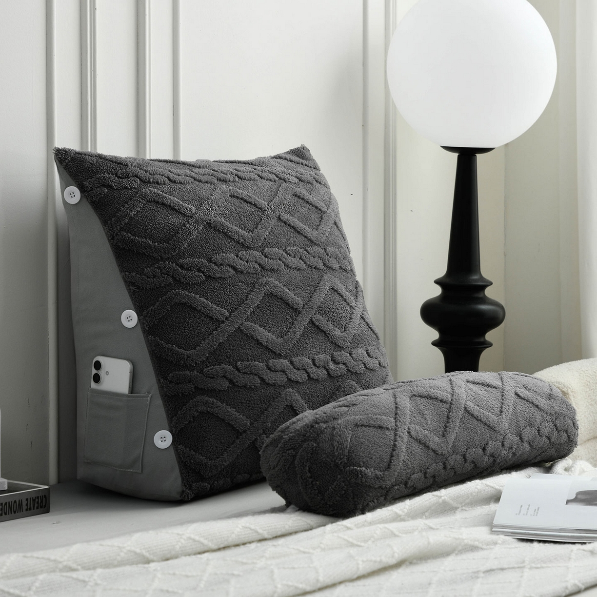 91家纺网 家纺一手货源 找家纺 爱妮灵蚊帐 2025新款塔芙绒头枕三角靠垫代发货 深灰