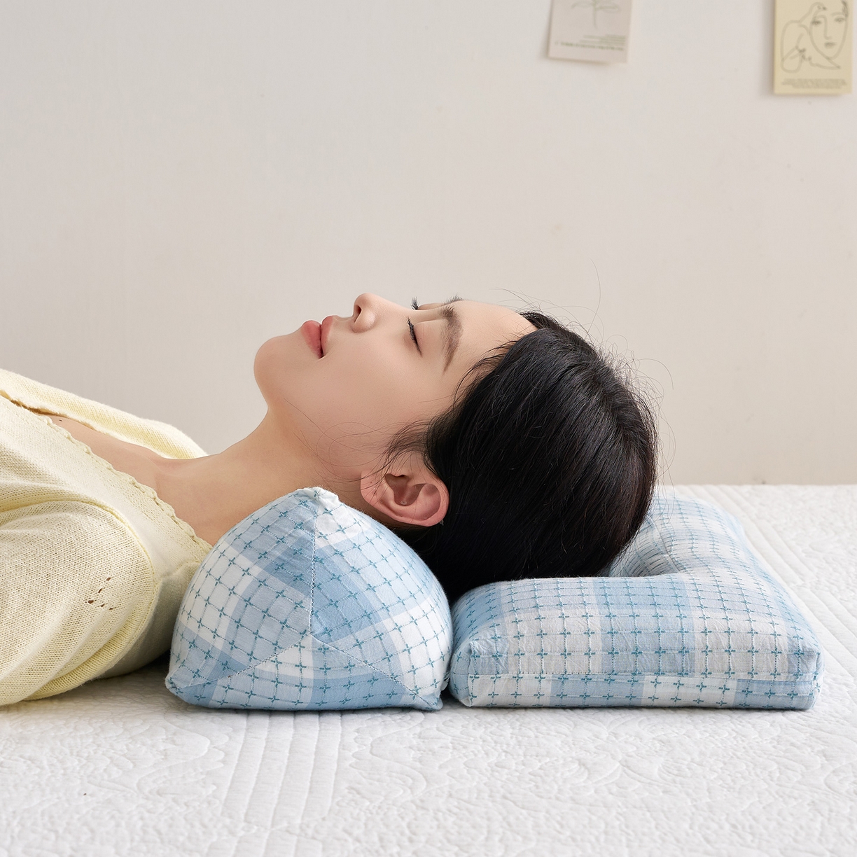 91家纺网 家纺一手货源 找家纺 乐可 2025新款渐变方格护耳组合枕荞麦枕头枕芯 渐变护耳组合枕蓝