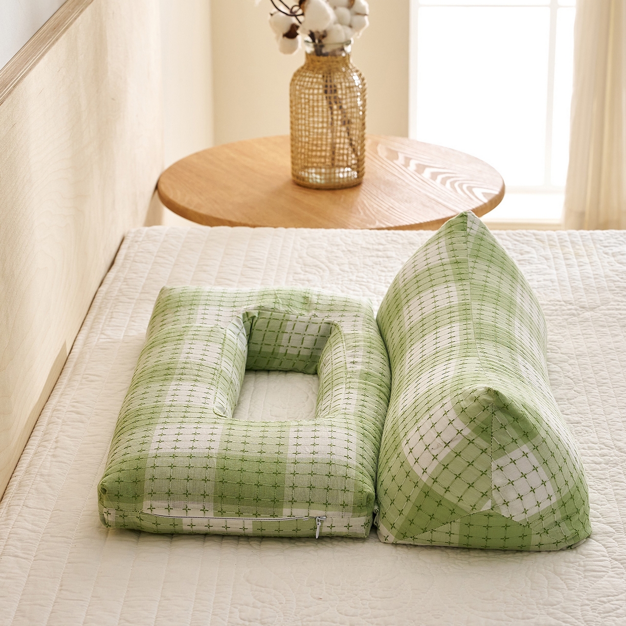 91家纺网 家纺一手货源 找家纺 乐可 2025新款渐变方格护耳组合枕荞麦枕头枕芯 渐变护耳组合枕-绿