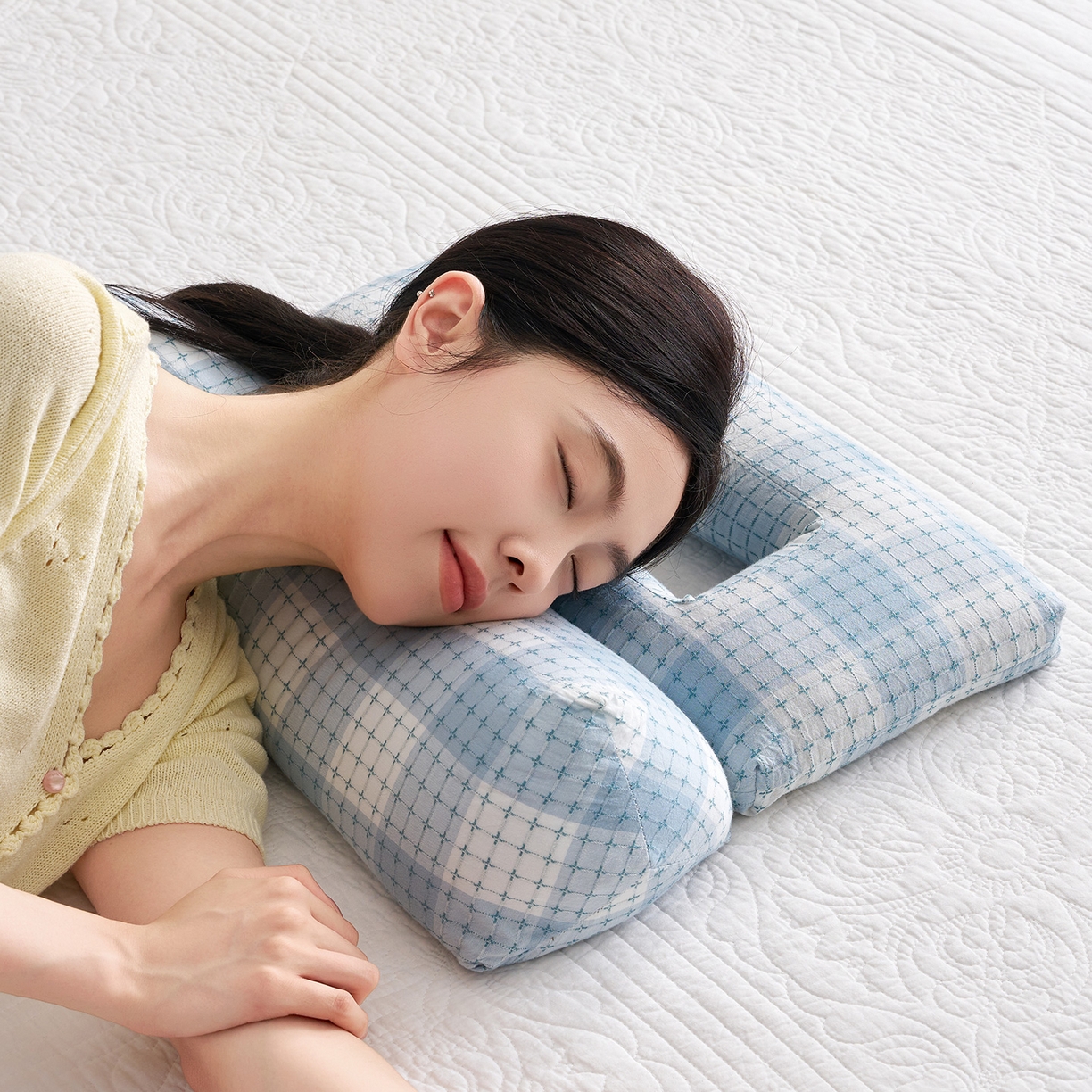 91家纺网 家纺一手货源 找家纺 乐可 2025新款渐变方格护耳组合枕荞麦枕头枕芯 渐变护耳组合枕蓝