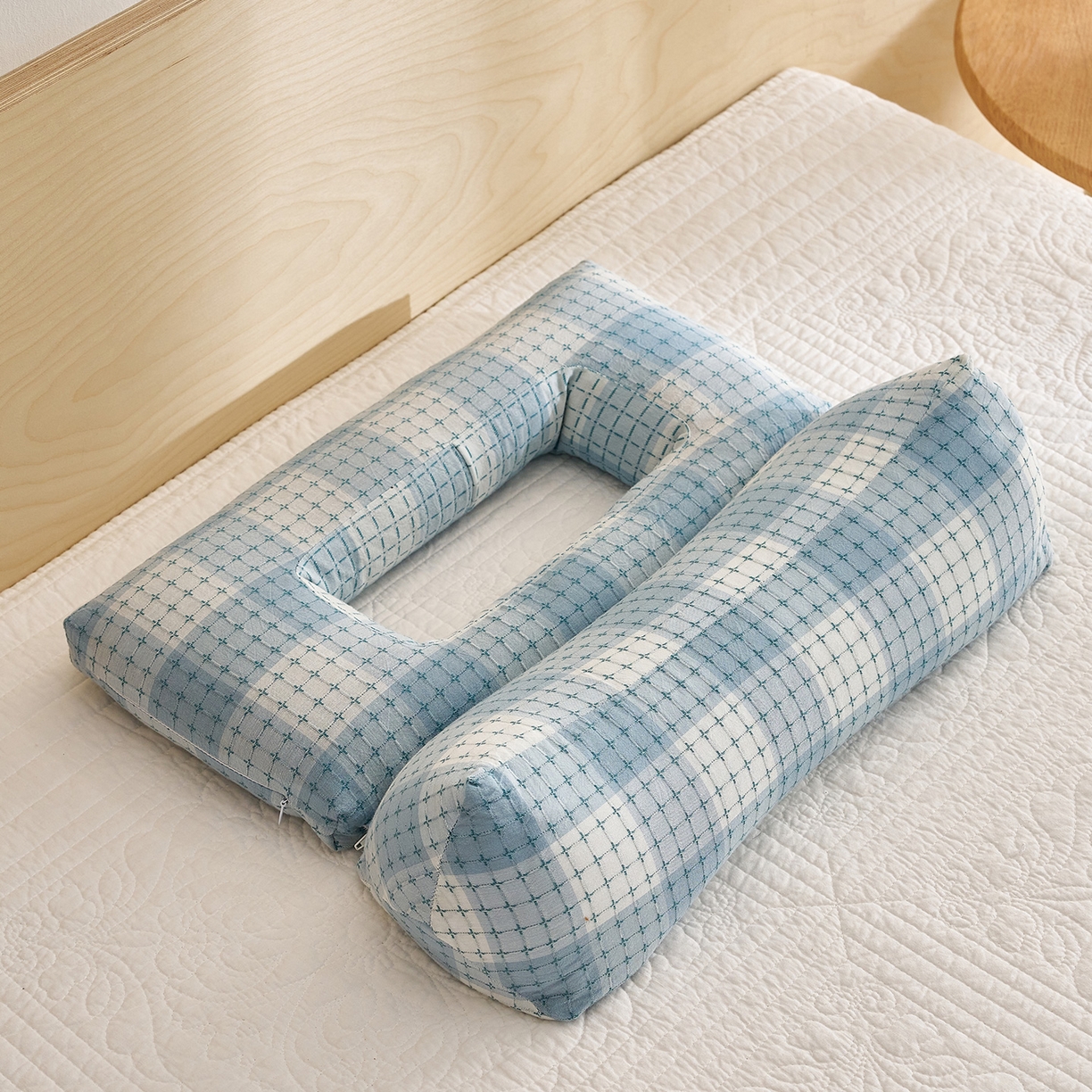 91家纺网 家纺一手货源 找家纺 乐可 2025新款渐变方格护耳组合枕荞麦枕头枕芯 渐变护耳组合枕蓝