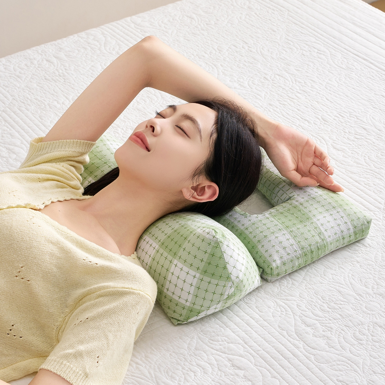 91家纺网 家纺一手货源 找家纺 乐可 2025新款渐变方格护耳组合枕荞麦枕头枕芯 渐变护耳组合枕-绿