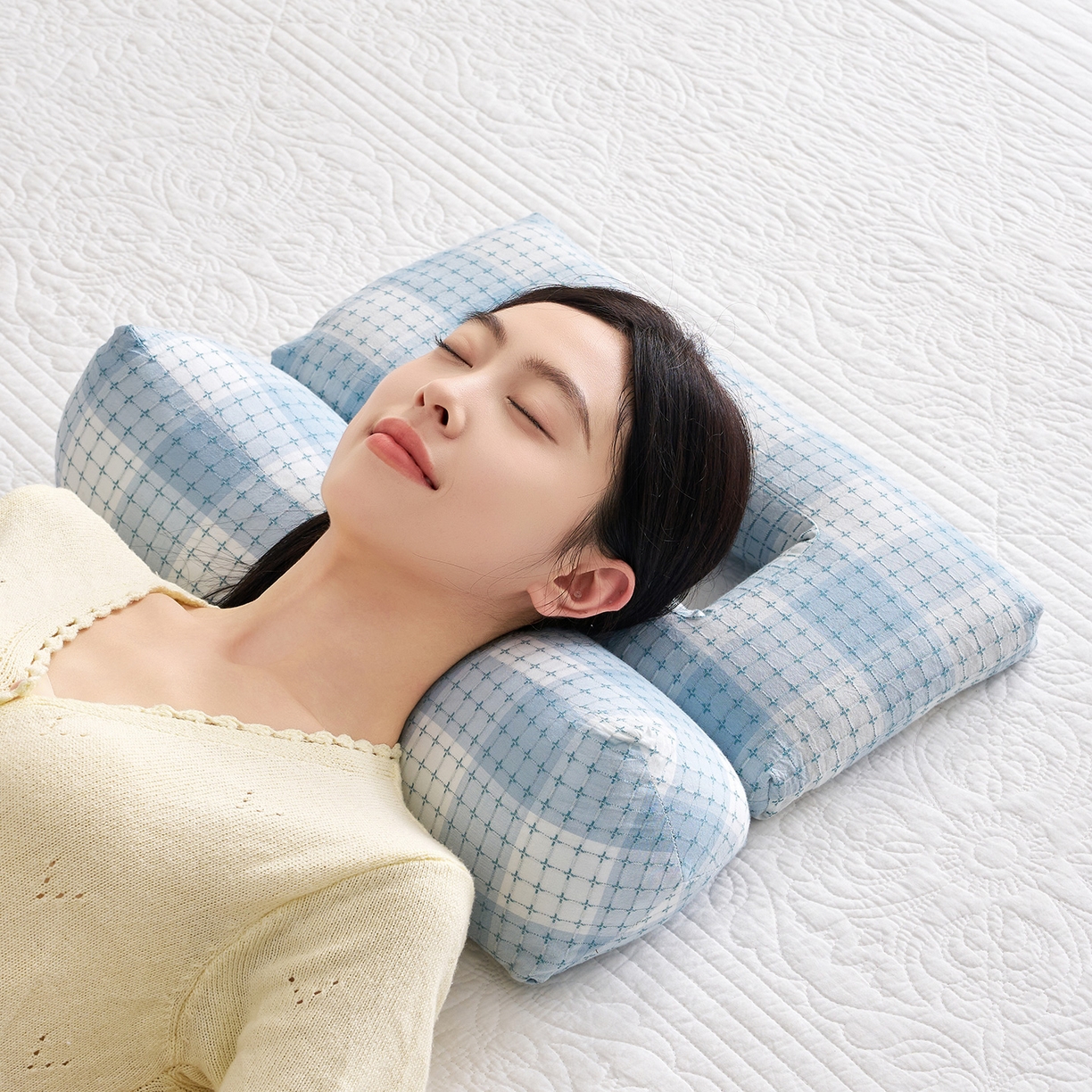 91家纺网 家纺一手货源 找家纺 乐可 2025新款渐变方格护耳组合枕荞麦枕头枕芯 渐变护耳组合枕蓝