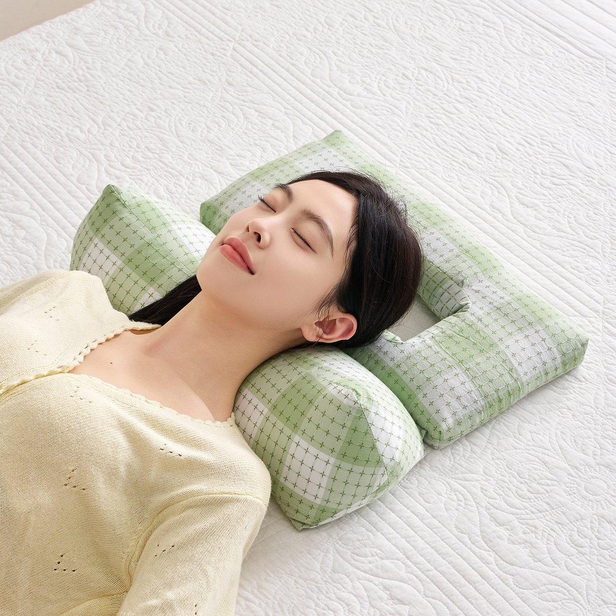 91家纺网 家纺一手货源 找家纺 乐可 2025新款渐变方格护耳组合枕荞麦枕头枕芯 渐变护耳组合枕-绿
