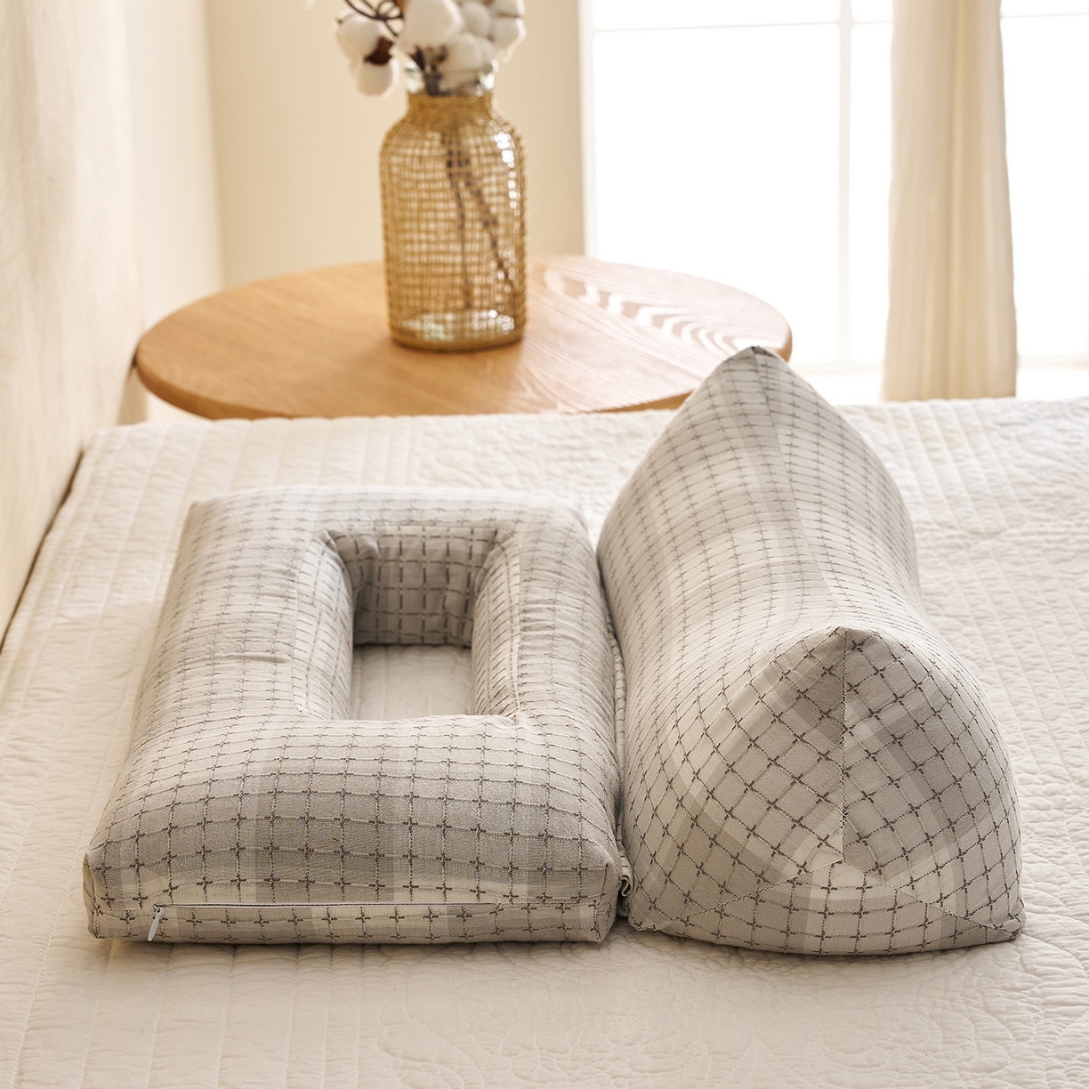 91家纺网 家纺一手货源 找家纺 乐可 2025新款渐变方格护耳组合枕荞麦枕头枕芯 渐变护耳组合枕-灰