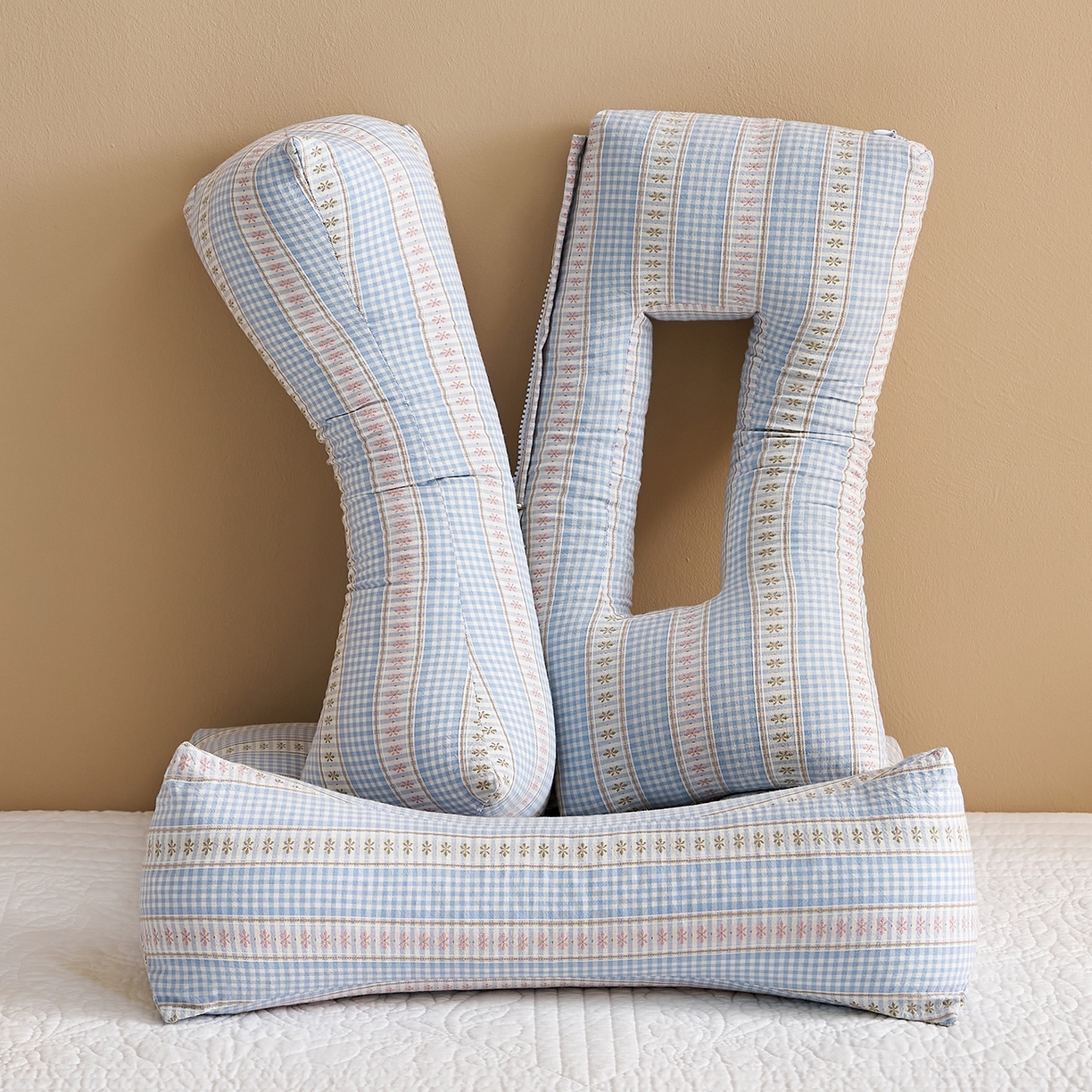 91家纺网 家纺一手货源 找家纺 乐可 2025新款水洗棉护耳组合枕荞麦枕头枕芯 水洗棉护耳组合枕-蓝条格