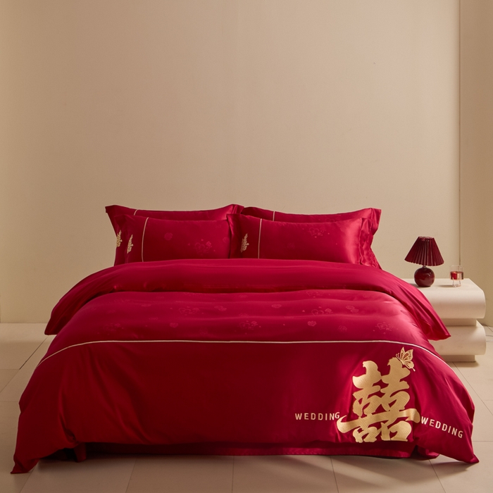 91家纺网 家纺一手货源 找家纺 （总）帝王家纺 2025新款亲肤棉磨毛刺绣婚庆四件套红色结婚床上用品