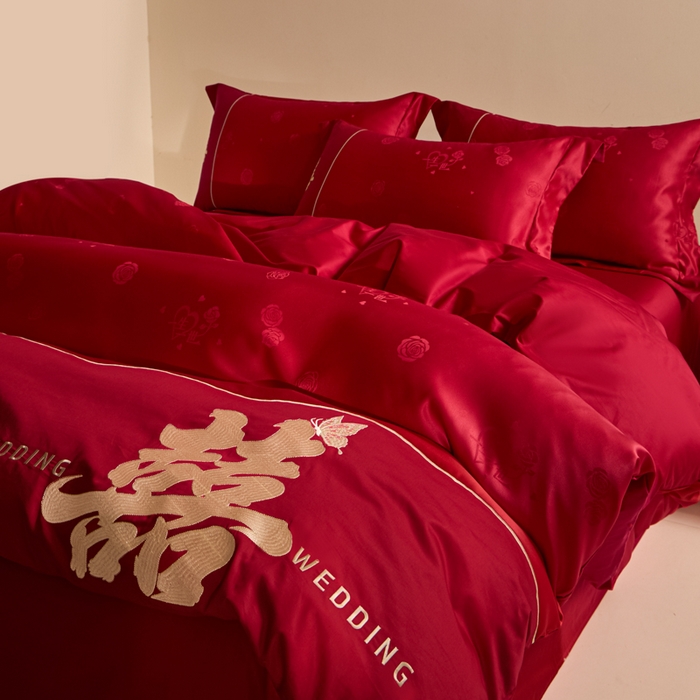 91家纺网 家纺一手货源 找家纺 （总）帝王家纺 2025新款亲肤棉磨毛刺绣婚庆四件套红色结婚床上用品