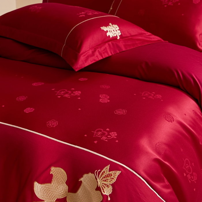 91家纺网 家纺一手货源 找家纺 （总）帝王家纺 2025新款亲肤棉磨毛刺绣婚庆四件套红色结婚床上用品