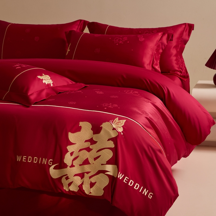 91家纺网 家纺一手货源 找家纺 （总）帝王家纺 2025新款亲肤棉磨毛刺绣婚庆四件套红色结婚床上用品