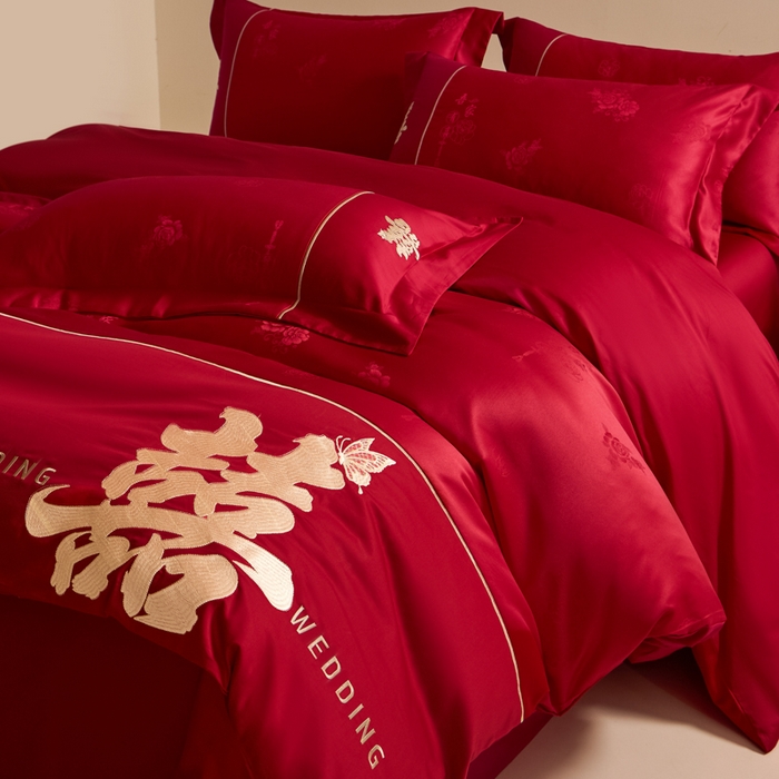 91家纺网 家纺一手货源 找家纺 （总）帝王家纺 2025新款亲肤棉磨毛刺绣婚庆四件套红色结婚床上用品