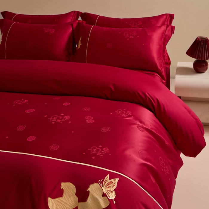 91家纺网 家纺一手货源 找家纺 （总）帝王家纺 2025新款亲肤棉磨毛刺绣婚庆四件套红色结婚床上用品