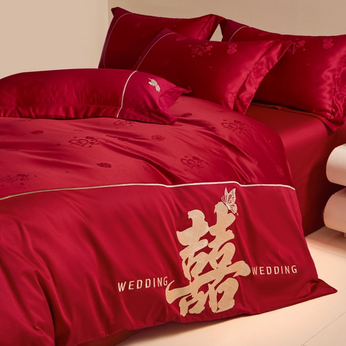91家纺网 家纺一手货源 找家纺 （总）帝王家纺 2025新款亲肤棉磨毛刺绣婚庆四件套红色结婚床上用品