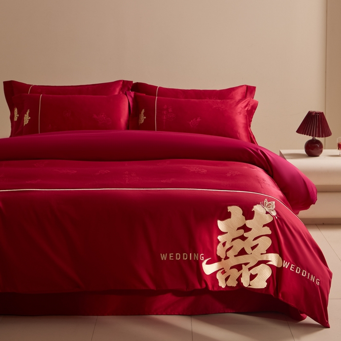 91家纺网 家纺一手货源 找家纺 帝王家纺 2025新款亲肤棉磨毛刺绣婚庆四件套红色结婚床上用品 吾家有喜