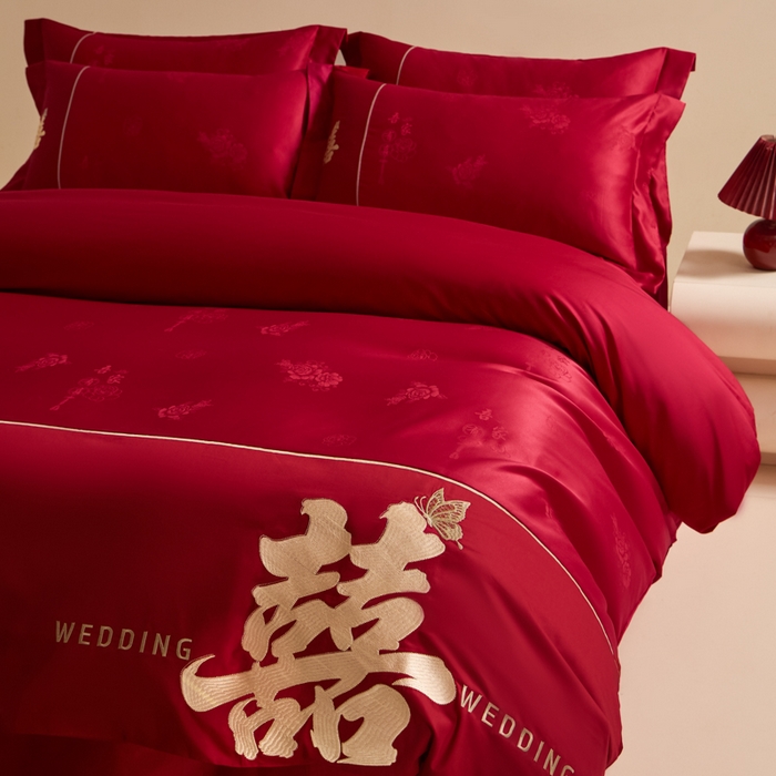 91家纺网 家纺一手货源 找家纺 帝王家纺 2025新款亲肤棉磨毛刺绣婚庆四件套红色结婚床上用品 吾家有喜