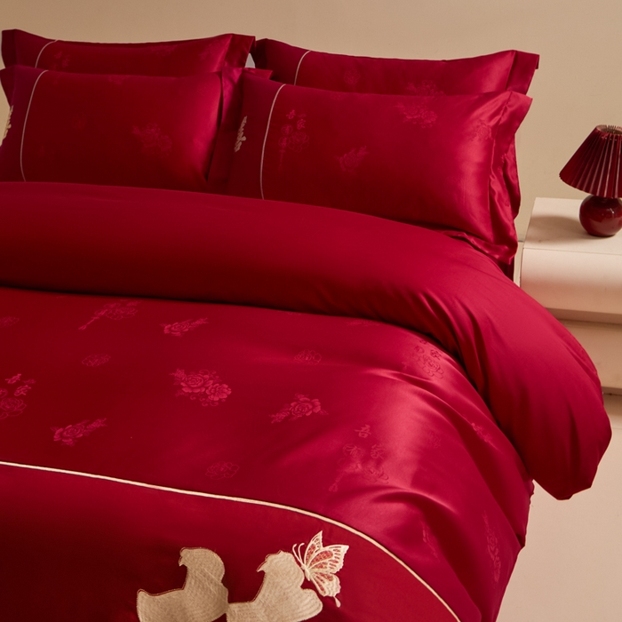 91家纺网 家纺一手货源 找家纺 帝王家纺 2025新款亲肤棉磨毛刺绣婚庆四件套红色结婚床上用品 吾家有喜