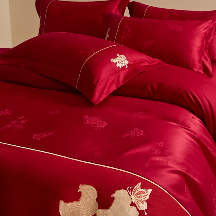 91家纺网 家纺一手货源 找家纺 帝王家纺 2025新款亲肤棉磨毛刺绣婚庆四件套红色结婚床上用品 吾家有喜