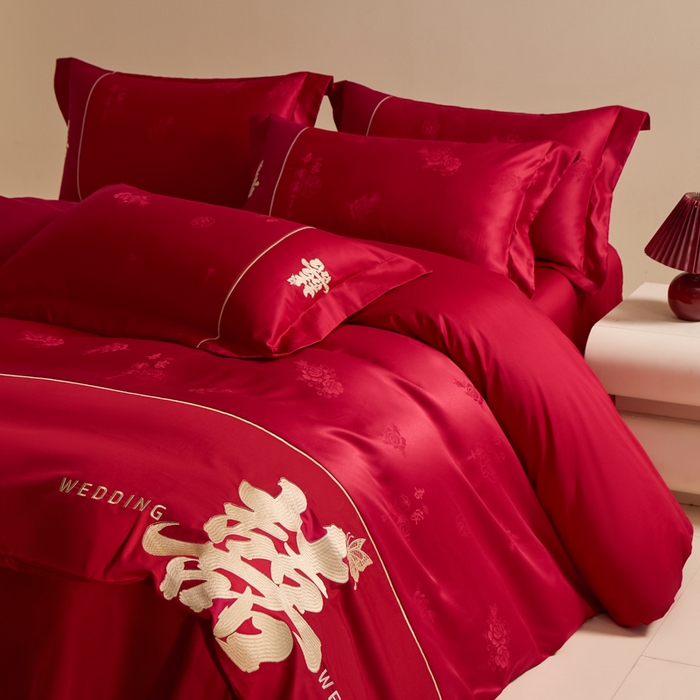 91家纺网 家纺一手货源 找家纺 帝王家纺 2025新款亲肤棉磨毛刺绣婚庆四件套红色结婚床上用品 吾家有喜