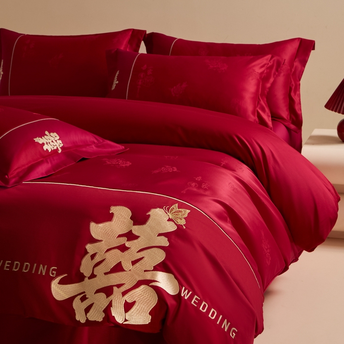 91家纺网 家纺一手货源 找家纺 帝王家纺 2025新款亲肤棉磨毛刺绣婚庆四件套红色结婚床上用品 吾家有喜