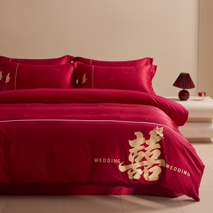 91家纺网 家纺一手货源 找家纺 帝王家纺 2025新款亲肤棉磨毛刺绣婚庆四件套红色结婚床上用品 一生有喜