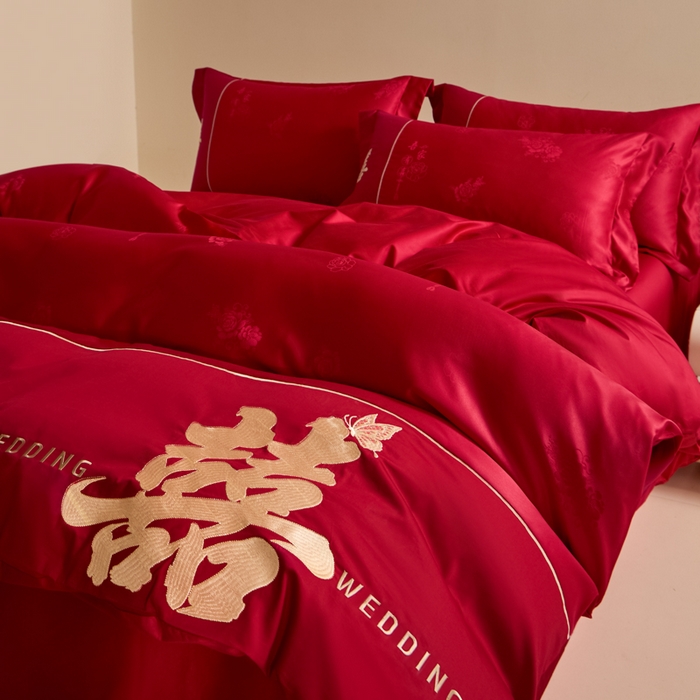 91家纺网 家纺一手货源 找家纺 帝王家纺 2025新款亲肤棉磨毛刺绣婚庆四件套红色结婚床上用品 吾家有喜