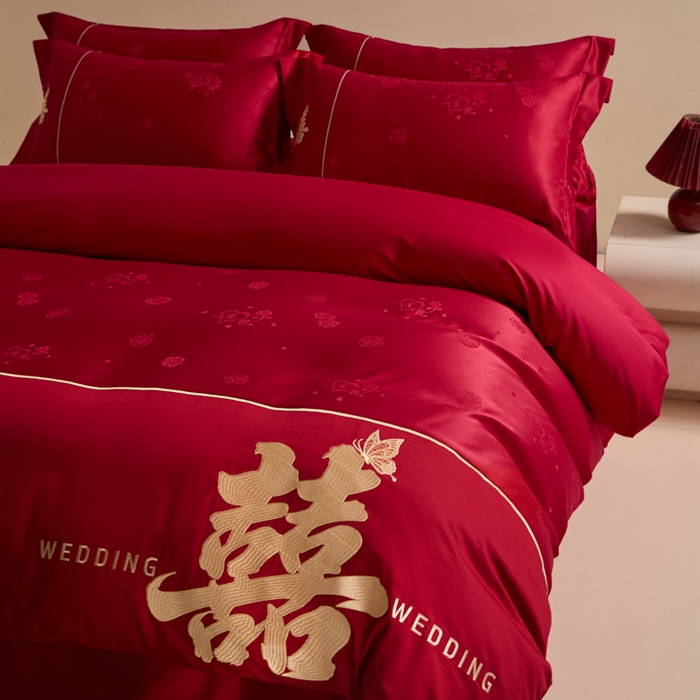 91家纺网 家纺一手货源 找家纺 帝王家纺 2025新款亲肤棉磨毛刺绣婚庆四件套红色结婚床上用品 一生有喜