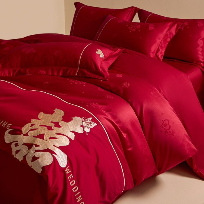 帝王家纺 2025新款亲肤棉磨毛刺绣婚庆四件套红色结婚床上用品 一生有喜