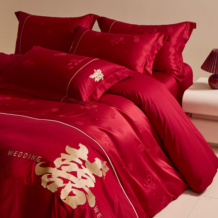 91家纺网 家纺一手货源 找家纺 帝王家纺 2025新款亲肤棉磨毛刺绣婚庆四件套红色结婚床上用品 一生有喜