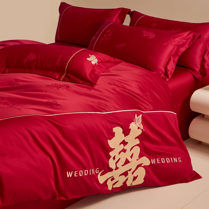 91家纺网 家纺一手货源 找家纺 帝王家纺 2025新款亲肤棉磨毛刺绣婚庆四件套红色结婚床上用品 吾家有喜