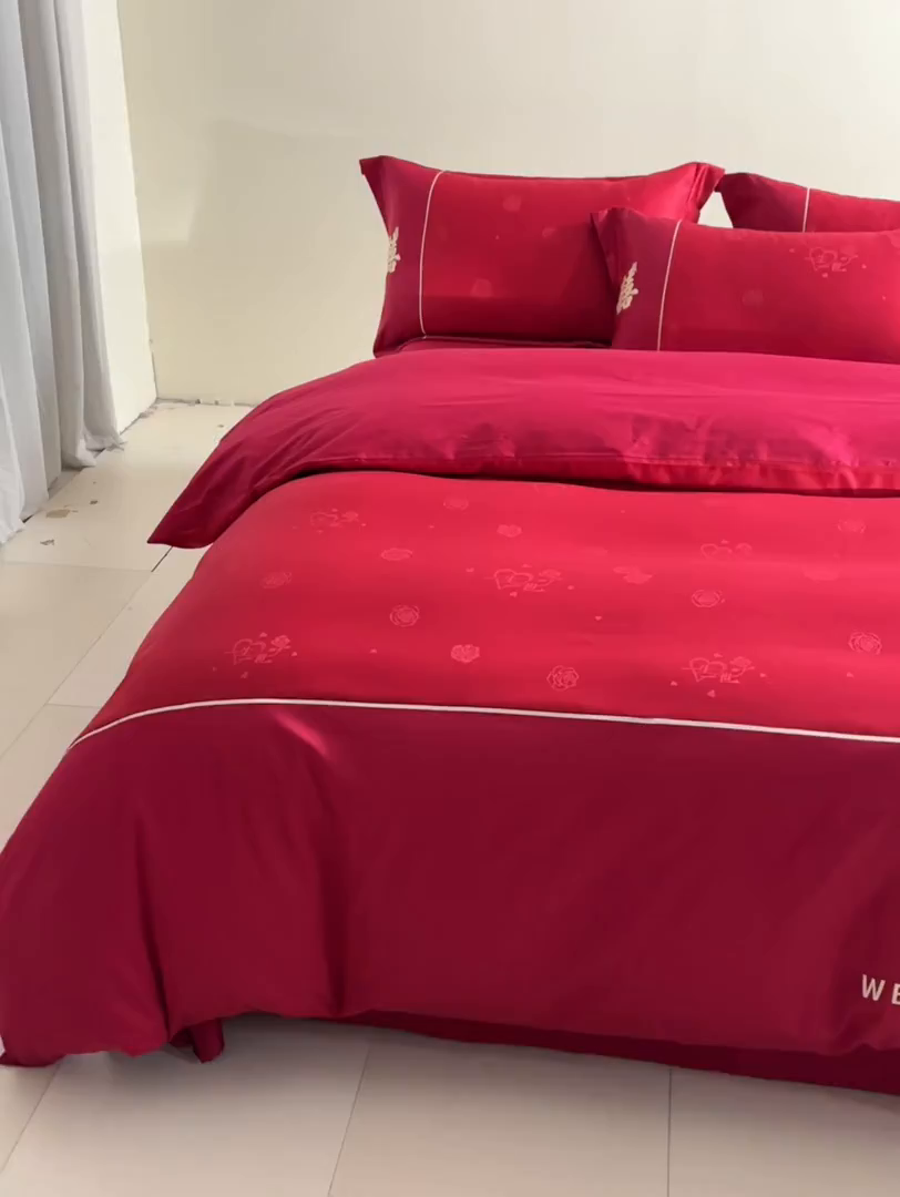 91家纺网 家纺一手货源 找家纺 （总）帝王家纺 2025新款亲肤棉磨毛刺绣婚庆四件套红色结婚床上用品