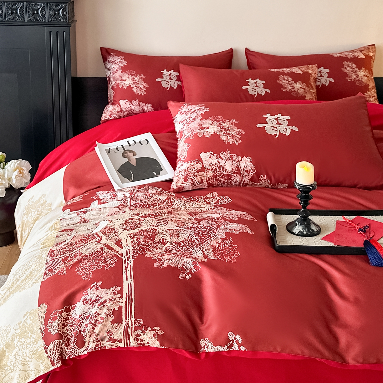 91家纺网 家纺一手货源 找家纺 （总）置顶家纺 2025新款数码印花亲肤婚庆绣花四件套-灵犀