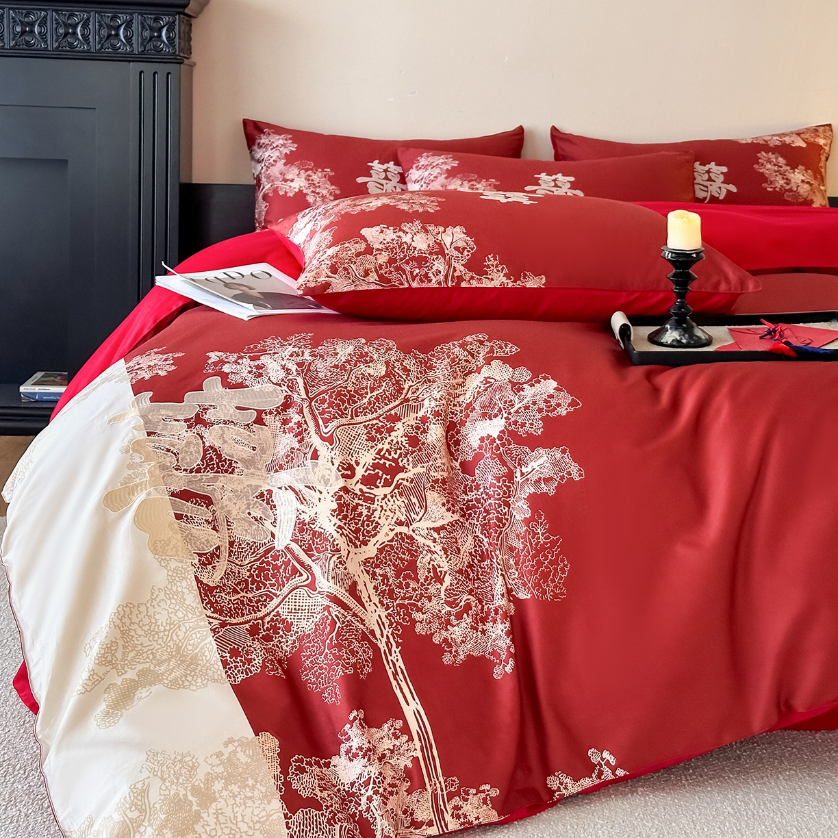 91家纺网 家纺一手货源 找家纺 （总）置顶家纺 2025新款数码印花亲肤婚庆绣花四件套-灵犀