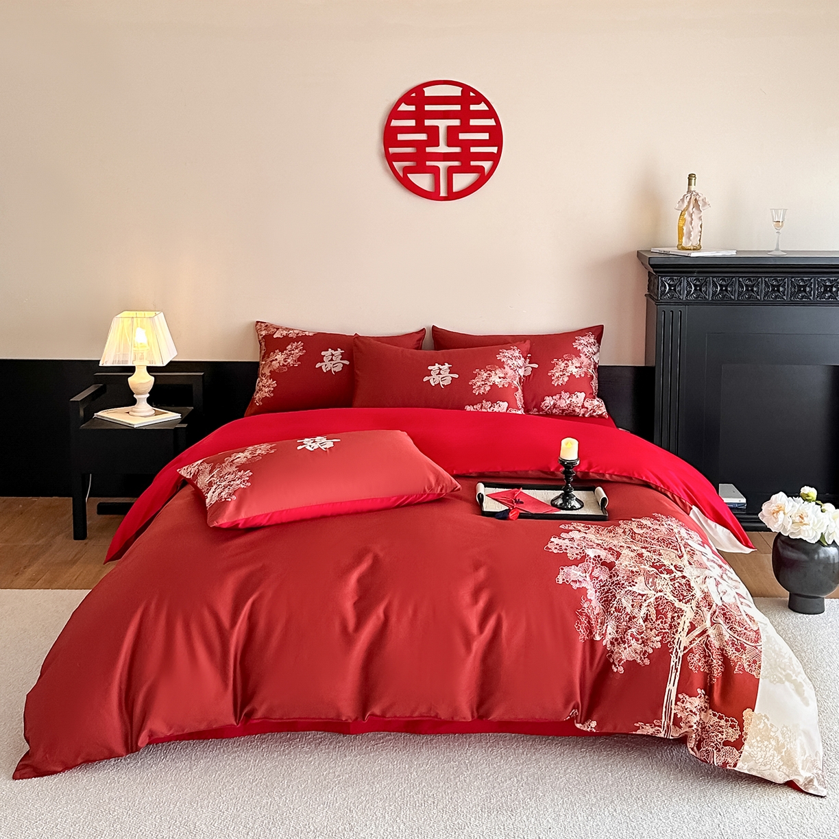 91家纺网 家纺一手货源 找家纺 置顶家纺 2025新款新中式婚庆亲肤刺绣四件套 至尊龙凤-大红