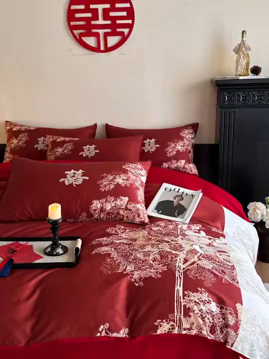 91家纺网 家纺一手货源 找家纺 （总）置顶家纺 2025新款数码印花亲肤婚庆绣花四件套-灵犀