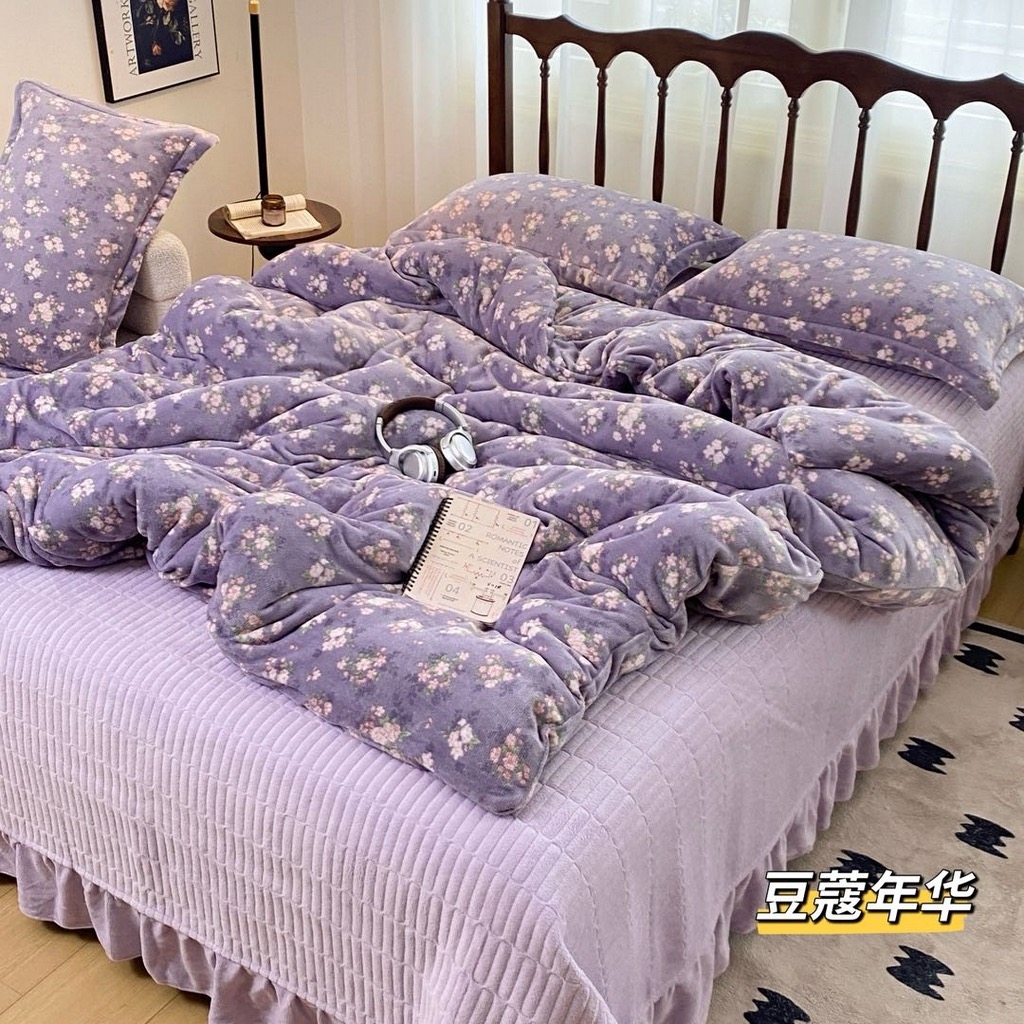 仟网汇 2025新款亲肤舒适双面牛奶绒床盖款四件套 豆蔻年华