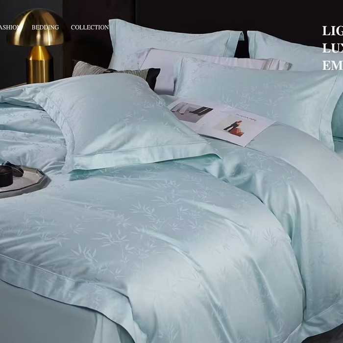 优姿家纺 2026新款全棉100支长绒棉提花四件套 空山竹语云水蓝